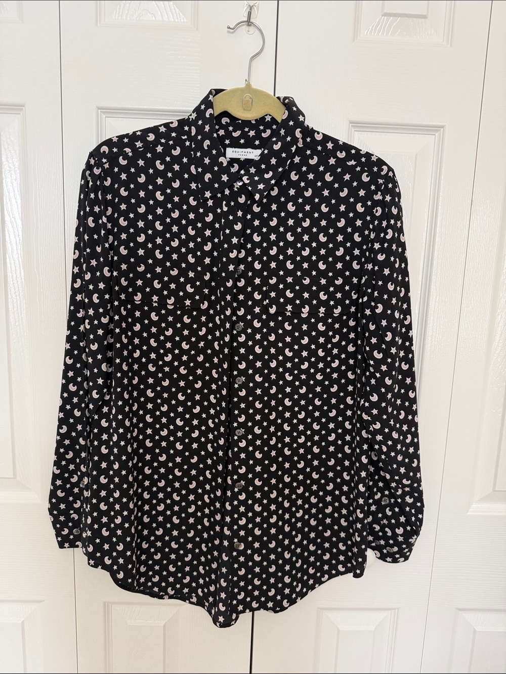 Equipment Black Silk Button-Down with Pale Pink Moon & Star Print